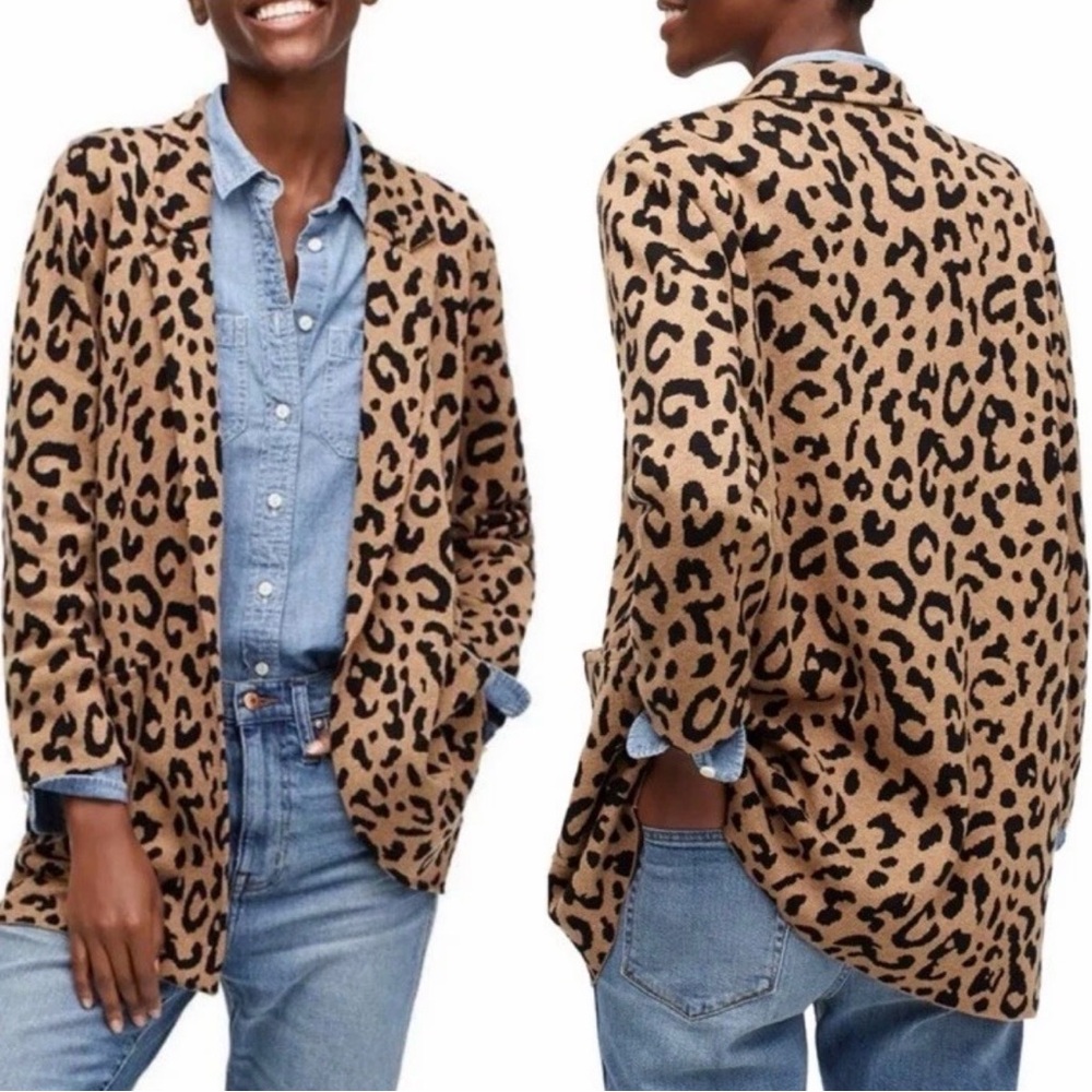 J Crew Sophie Leopard Sweater Blazer M Camel Wool/Cotton Blend